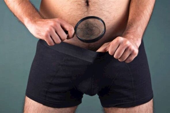 A man examines his penis with a magnifying glass and wants to thicken it